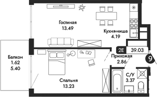 Планировка — Парковая Резиденция, 2-комн., 37 м²