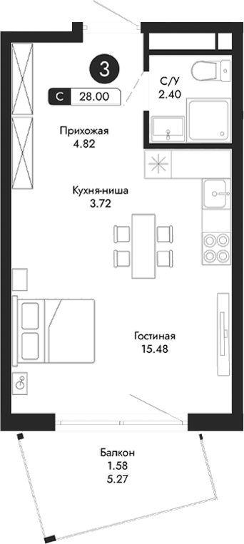 Планировка — Парковая Резиденция, Студия, 26 м²