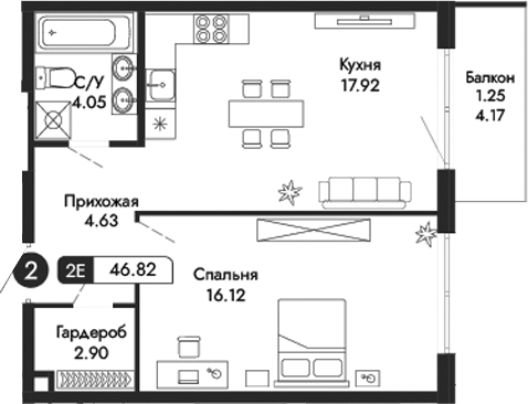 Планировка — Парковая Резиденция, 2-комн., 46 м²