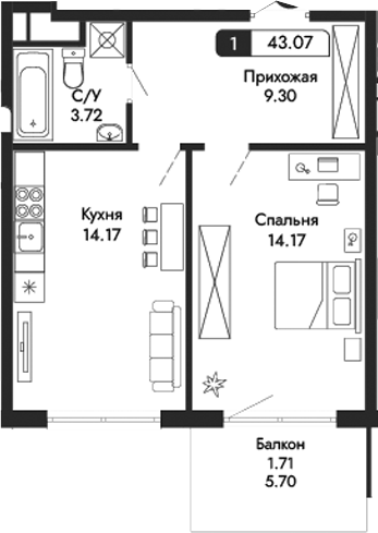 Планировка — Парковая Резиденция, 1-комн., 41 м²