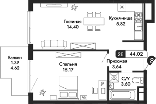 Планировка — Парковая Резиденция, 2-комн., 43 м²