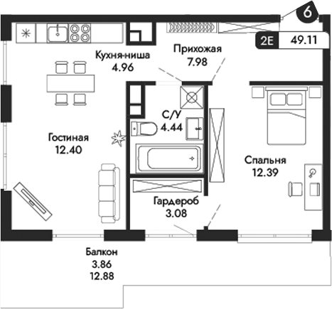 Планировка — Парковая Резиденция, 2-комн., 45 м²