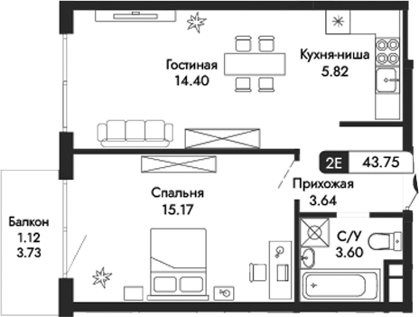 Планировка — Парковая Резиденция, 2-комн., 43 м²