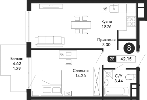 Планировка — Парковая Резиденция, 2-комн., 41 м²