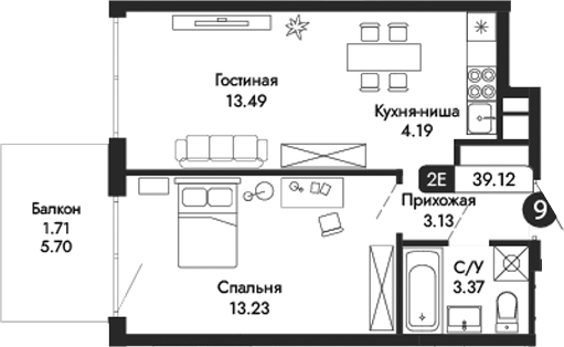 Планировка — Парковая Резиденция, 2-комн., 37 м²