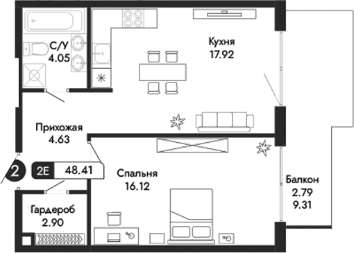 Планировка — Парковая Резиденция, 2-комн., 46 м²