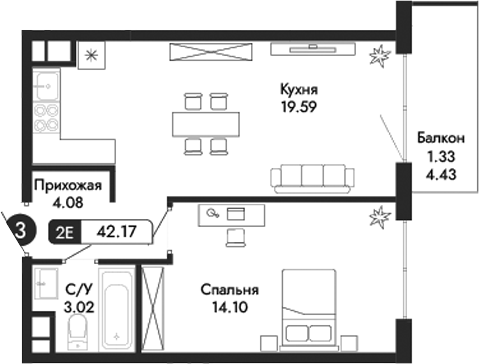 Планировка — Парковая Резиденция, 2-комн., 41 м²