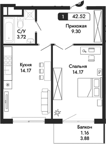 Планировка — Парковая Резиденция, 1-комн., 41 м²