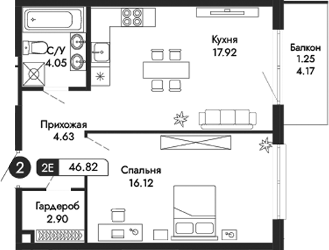 Планировка — Парковая Резиденция, 2-комн., 46 м²