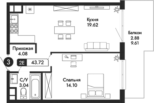 Планировка — Парковая Резиденция, 2-комн., 41 м²