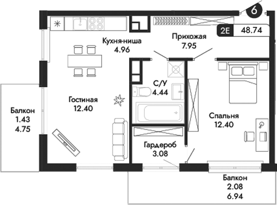 Планировка — Парковая Резиденция, 2-комн., 45 м²