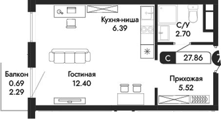 Планировка — Парковая Резиденция, Студия, 27 м²