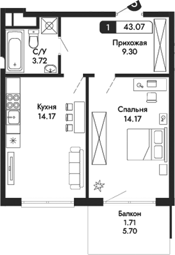 Планировка — Парковая Резиденция, 1-комн., 41 м²