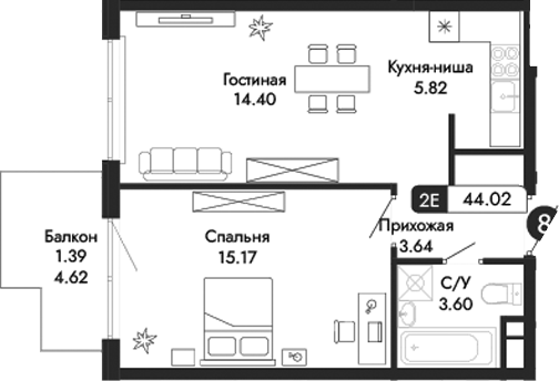 Планировка — Парковая Резиденция, 2-комн., 43 м²