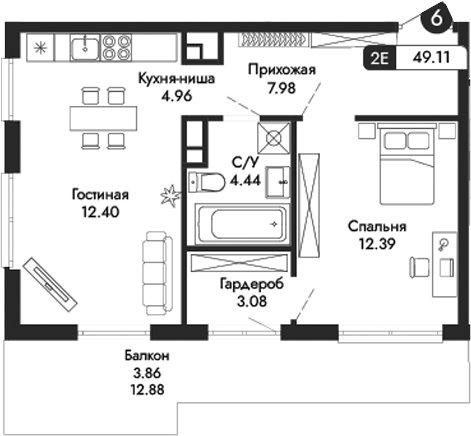 Планировка — Парковая Резиденция, 2-комн., 45 м²