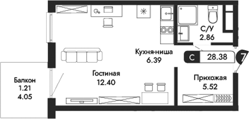Планировка — Парковая Резиденция, Студия, 27 м²