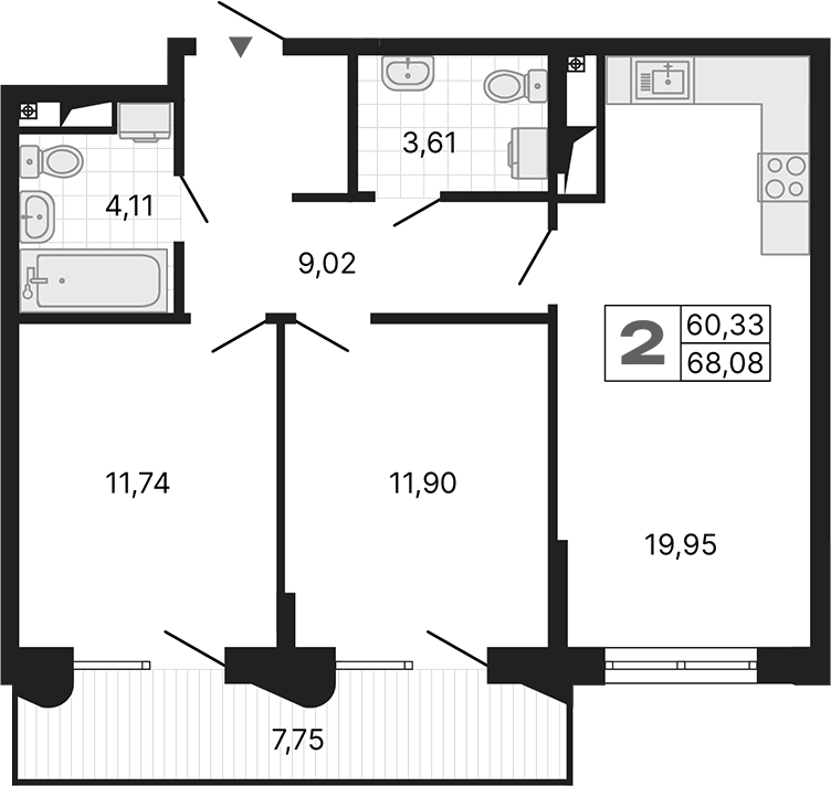 Планировка — Алиса, 2-комн., 60 м²