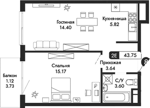 Планировка — Парковая Резиденция, 2-комн., 43 м²