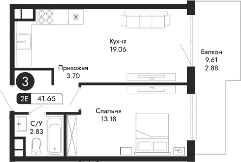 Планировка — Парковая Резиденция, 2-комн., 39 м²