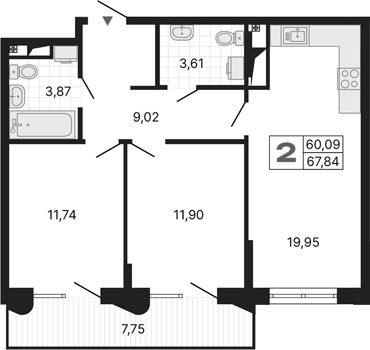 Планировка — Алиса, 2-комн., 60 м²
