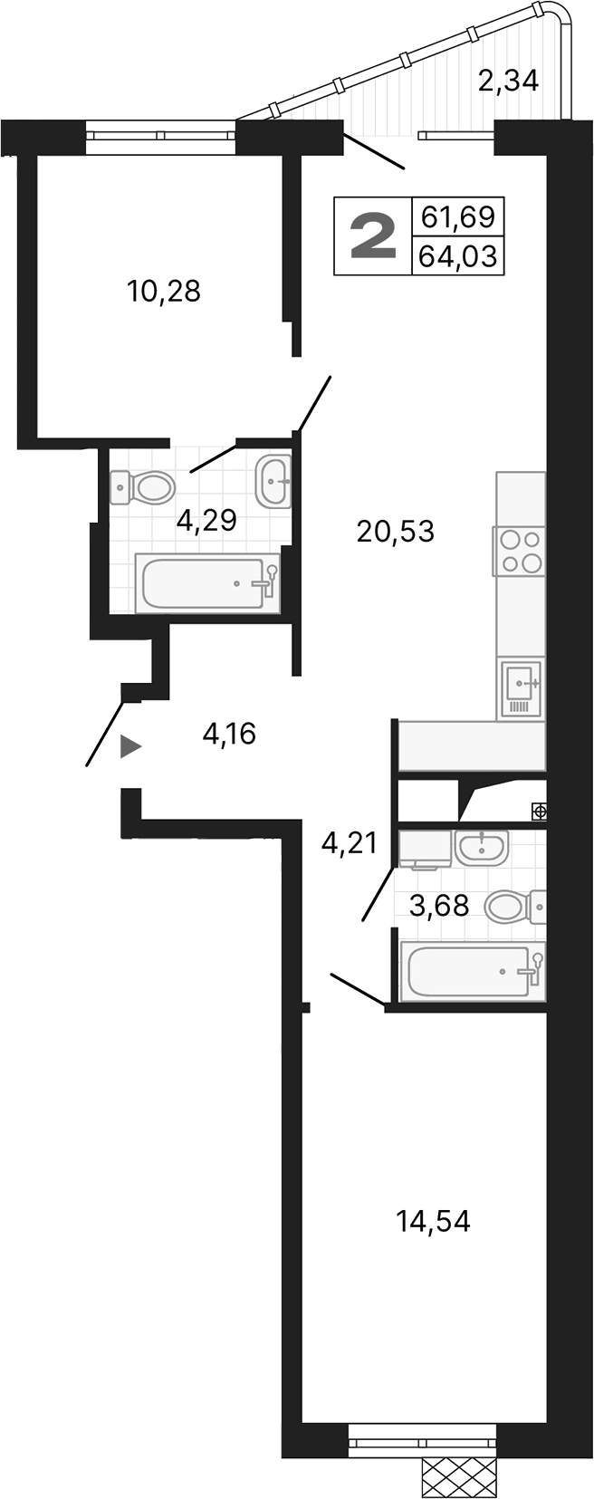 Планировка — Алиса, 2-комн., 62 м²