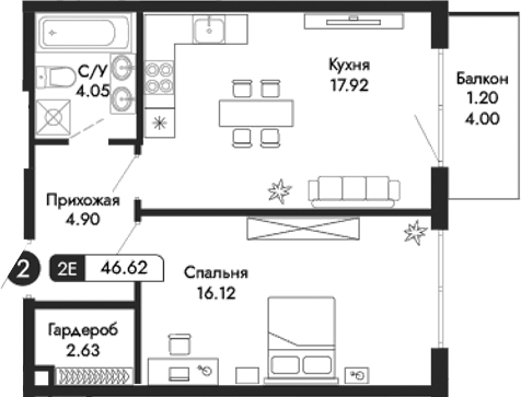 Планировка — Парковая Резиденция, 2-комн., 45 м²