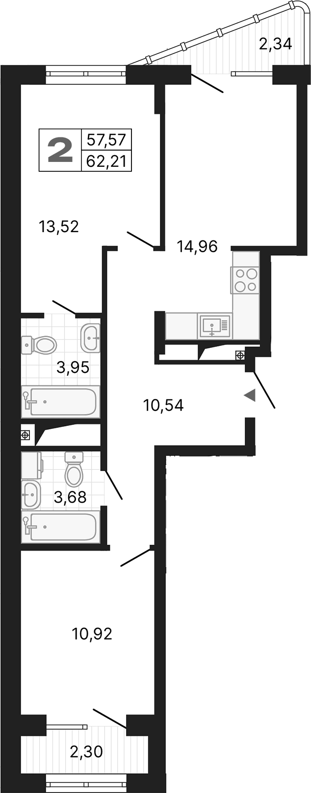 Планировка — Алиса, 2-комн., 58 м²