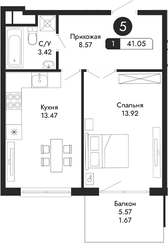Планировка — Парковая Резиденция, 1-комн., 39 м²