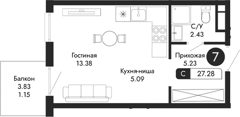 Планировка — Парковая Резиденция, Студия, 26 м²