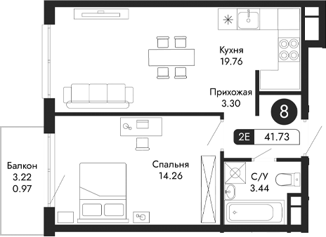Планировка — Парковая Резиденция, 2-комн., 41 м²