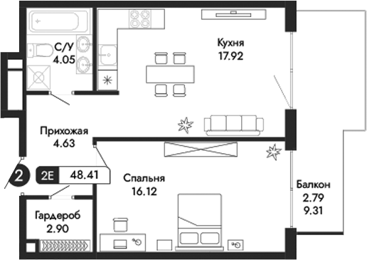 Планировка — Парковая Резиденция, 2-комн., 46 м²