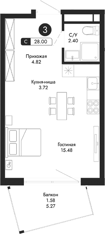 Планировка — Парковая Резиденция, Студия, 26 м²