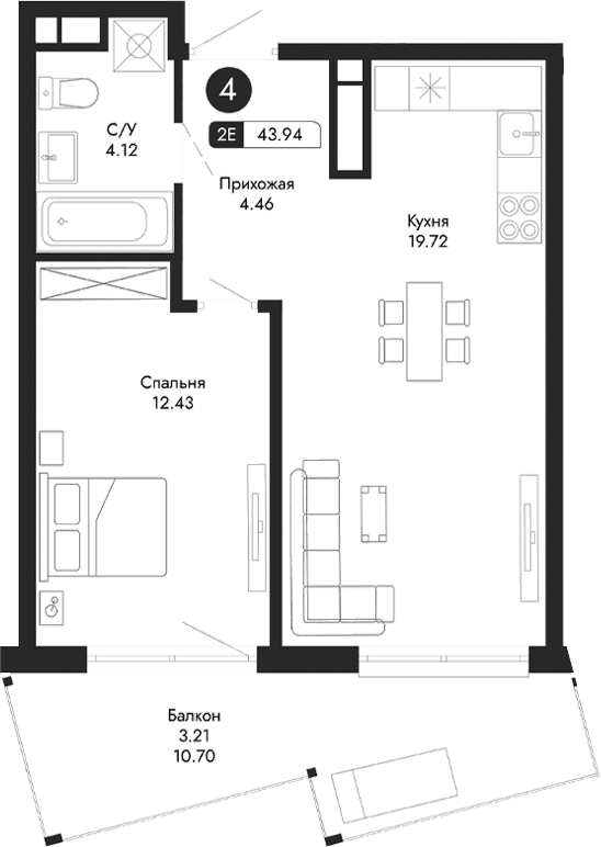 Планировка — Парковая Резиденция, 2-комн., 41 м²