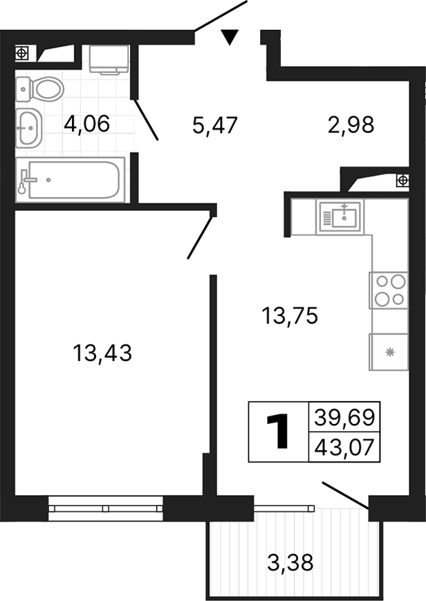 Планировка — Алиса, 1-комн., 40 м²