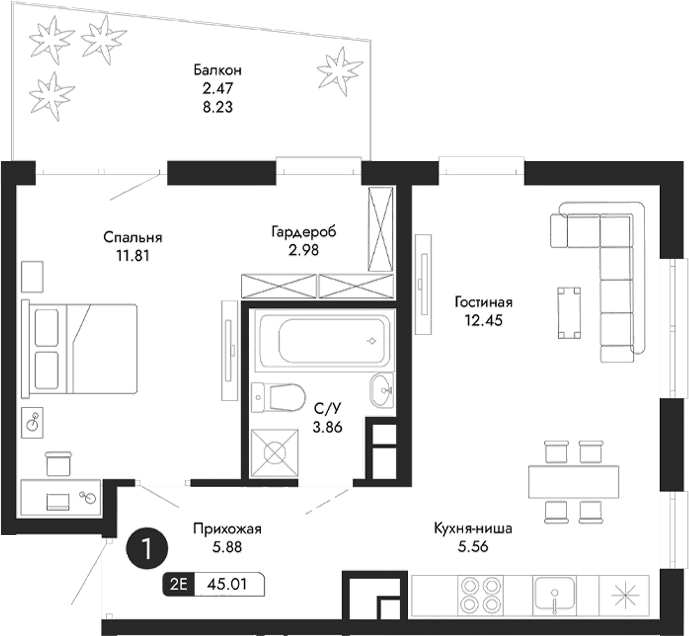 Планировка — Парковая Резиденция, 2-комн., 43 м²