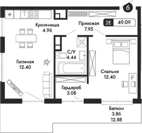 Планировка — Парковая Резиденция, 2-комн., 45 м²