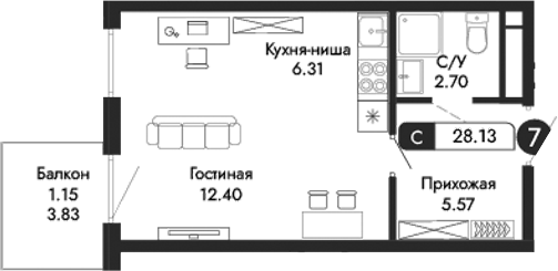 Планировка — Парковая Резиденция, Студия, 27 м²