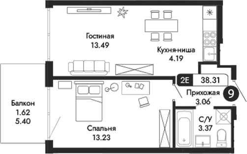 Планировка — Парковая Резиденция, 2-комн., 37 м²