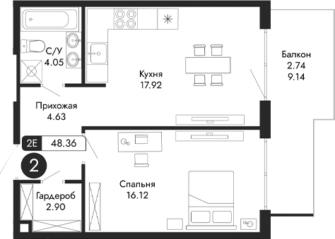 Планировка — Парковая Резиденция, 2-комн., 46 м²
