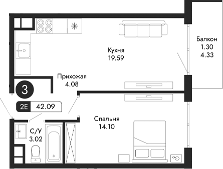Планировка — Парковая Резиденция, 2-комн., 41 м²