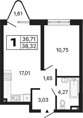 Планировка — Алиса, 1-комн., 37 м²