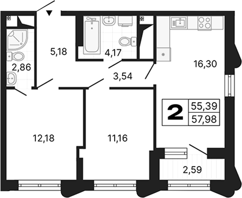 Планировка — Алиса, 2-комн., 55 м²