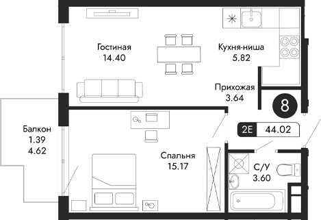 Планировка — Парковая Резиденция, 2-комн., 43 м²