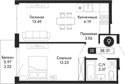 Планировка — Парковая Резиденция, 2-комн., 37 м²