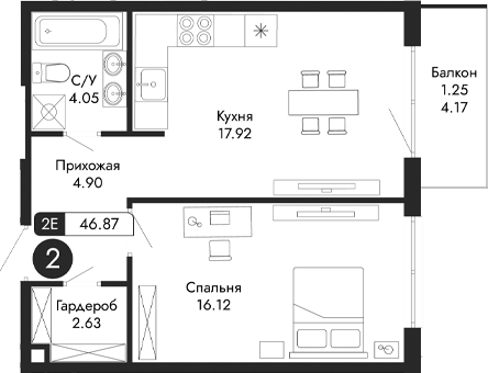 Планировка — Парковая Резиденция, 2-комн., 46 м²