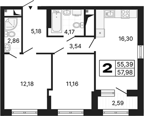 Планировка — Алиса, 2-комн., 55 м²