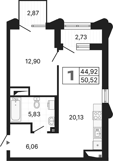 Планировка — Алиса, 1-комн., 45 м²