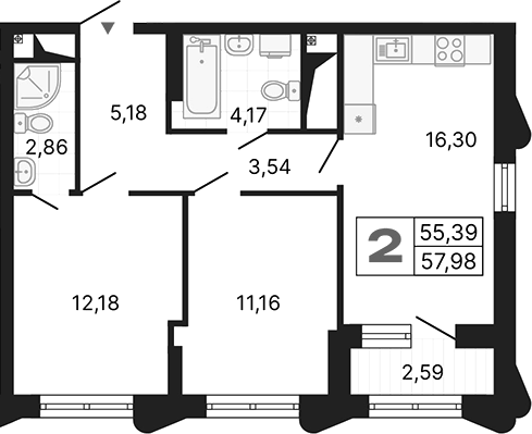 Планировка — Алиса, 2-комн., 55 м²
