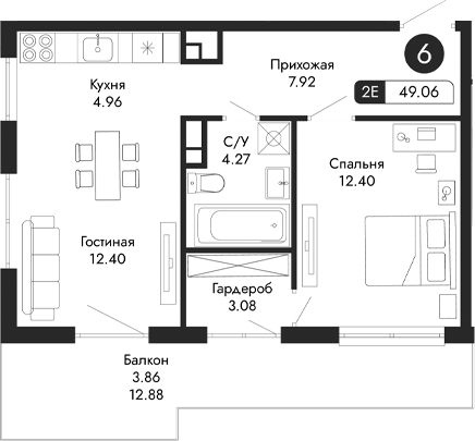 Планировка — Парковая Резиденция, 2-комн., 45 м²