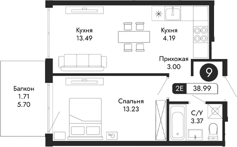 Планировка — Парковая Резиденция, 2-комн., 37 м²
